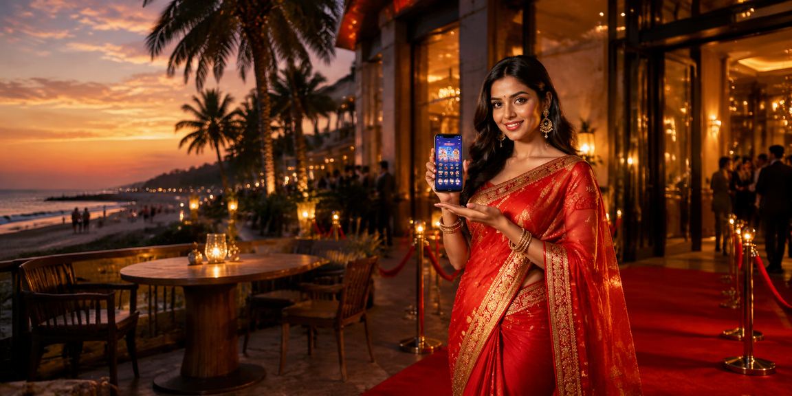 Young Indian woman enjoying mobile casino in Goa beach