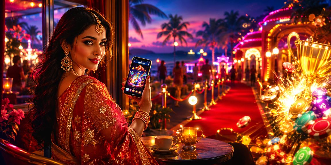 Indian female player enjoying mobile casino in traditional saree in Goa