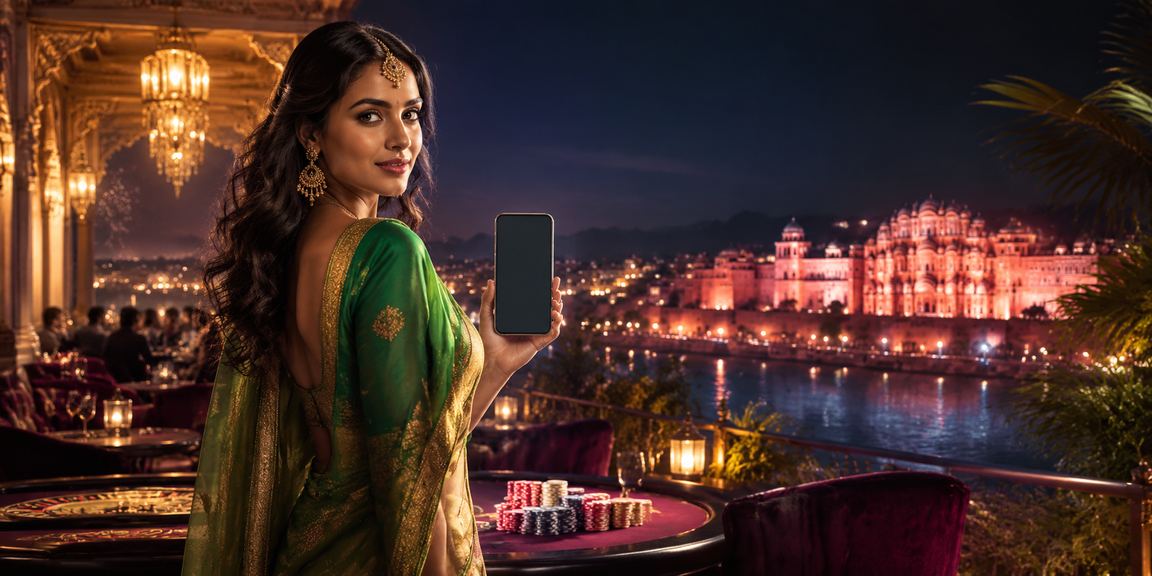 Female player enjoying mobile live casino with bright saree indoors