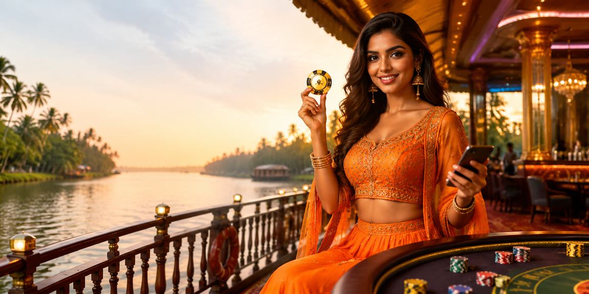 Indian woman playing mobile casino games near Kerala backwaters